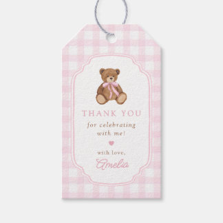 Pink Gingham Teddy Bear Beary First Birthday Cadeaulabel