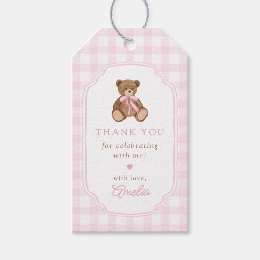 Pink Gingham Teddy Bear Beary First Birthday Cadeaulabel (Voorkant)