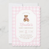 Pink Gingham Teddy Bear Beary First Birthday Kaart (Voorkant)