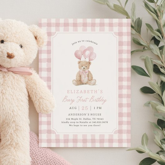 Pink Gingham Teddy Bear Beary First Birthday Kaart