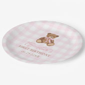 Pink Gingham Teddy Bear Beary First Birthday Papieren Bordje (Gekanteld)