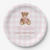 Pink Gingham Teddy Bear Beary First Birthday Papieren Bordje (Voorkant)