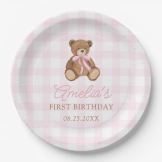 Pink Gingham Teddy Bear Beary First Birthday Papieren Bordje