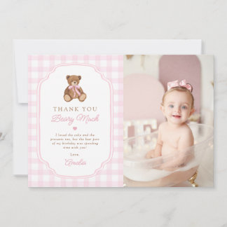 Pink Gingham Teddy Bear Beary First Birthday Photo Bedankkaart
