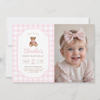 Pink Gingham Teddy Bear Beary First Birthday Photo Kaart