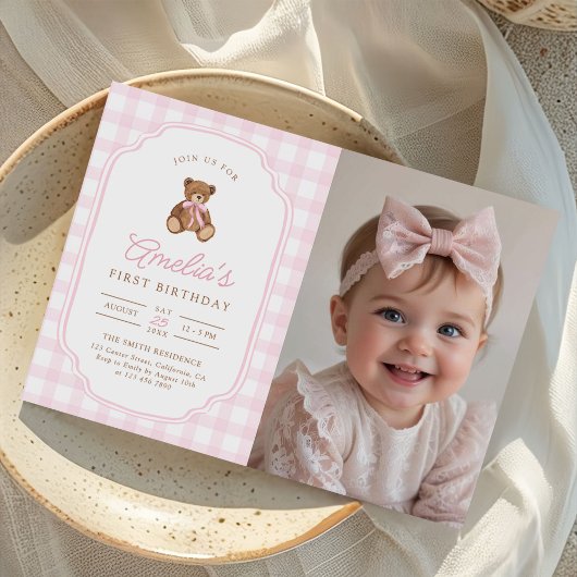 Pink Gingham Teddy Bear Beary First Birthday Photo Kaart