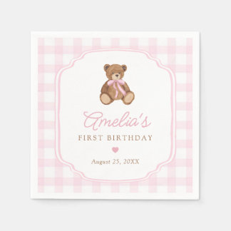 Pink Gingham Teddy Bear Beary First Birthday Servet