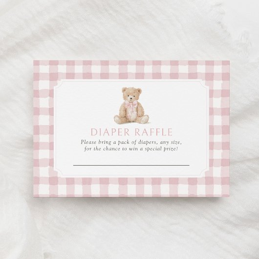 Pink Gingham Teddy Bear Diaper Raffle Ticket Informatiekaartje