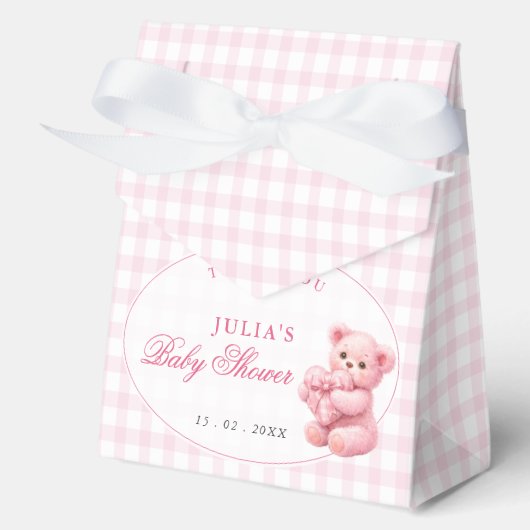 Pink Gingham Teddy Bear Neutral Baby Shower Bedankdoosjes (Voorkant)