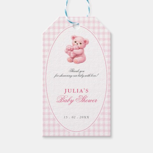 Pink Gingham Teddy Bear Neutral Baby Shower Cadeaulabel (Voorkant)