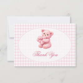 Pink Gingham Teddy Bear Neutral Baby Shower Kaart