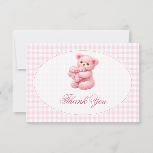 Pink Gingham Teddy Bear Neutral Baby Shower Kaart (Voorkant)