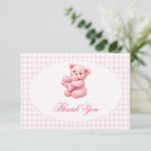 Pink Gingham Teddy Bear Neutral Baby Shower Kaart (Staand voorkant)
