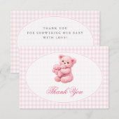 Pink Gingham Teddy Bear Neutral Baby Shower Kaart (Voorkant / Achterkant)