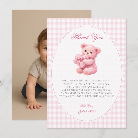 Pink Gingham Teddy Bear Neutral Baby Shower Kaart (Voorkant / Achterkant)