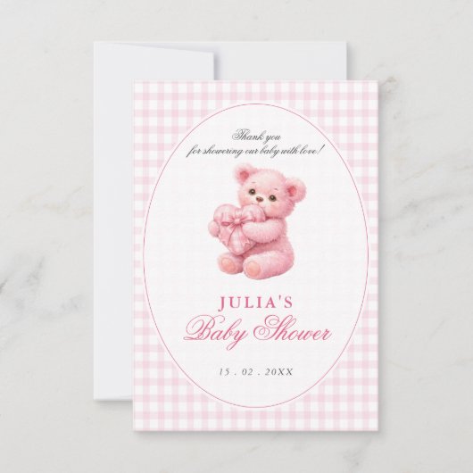 Pink Gingham Teddy Bear Neutral Baby Shower Kaart (Voorkant)