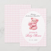 Pink Gingham Teddy Bear Neutral Baby Shower Kaart (Voorkant / Achterkant)