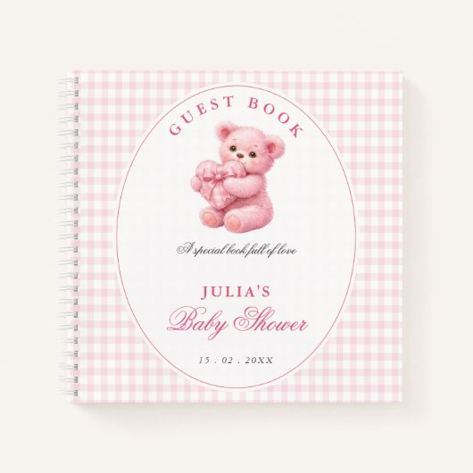 Pink Gingham Teddy Bear Neutral Baby Shower Notitieboek (Voorkant)
