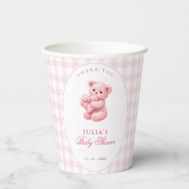 Pink Gingham Teddy Bear Neutral Baby Shower Papieren Bekers