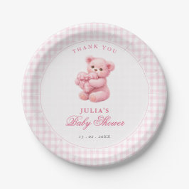 Pink Gingham Teddy Bear Neutral Baby Shower Papieren Bordje