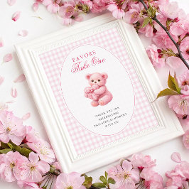 Pink Gingham Teddy Bear Neutral Baby Shower Poster