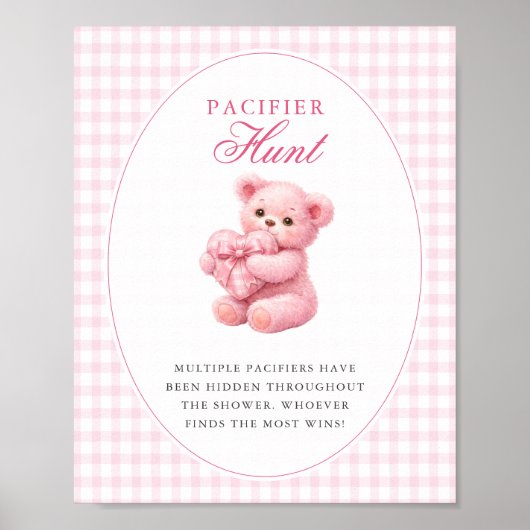 Pink Gingham Teddy Bear Neutral Baby Shower Poster (Voorkant)