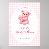 Pink Gingham Teddy Bear Neutral Baby Shower Poster (Voorkant)