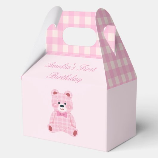 Pink Gingham Teddy Bedankdoosjes (Voorkant)