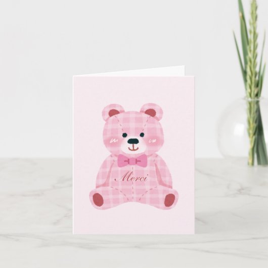 Pink Gingham Teddy Bedankkaart (Voorkant)