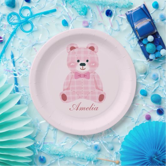 Pink Gingham Teddy Papieren Bordje (Feest)