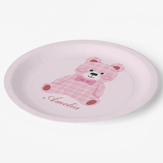 Pink Gingham Teddy Papieren Bordje (Gekanteld)