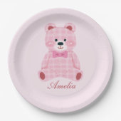 Pink Gingham Teddy Papieren Bordje (Voorkant)