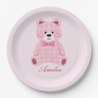 Pink Gingham Teddy Papieren Bordje