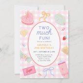 Pink Gingham "Two Much Fun" Girl 2nd Birthday Kaart (Voorkant)