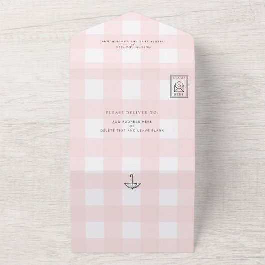 Pink Gingham Umbrella Baby shower All In One Uitnodiging (Buitenkant)