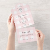 Pink Gingham Umbrella Baby shower All In One Uitnodiging (Afscheurbaar)
