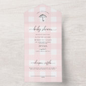 Pink Gingham Umbrella Baby shower All In One Uitnodiging (Binnen)