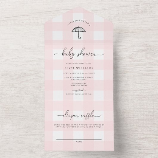 Pink Gingham Umbrella Baby shower All In One Uitnodiging (Binnen)