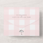 Pink Gingham Umbrella Baby shower All In One Uitnodiging (Achterkant)