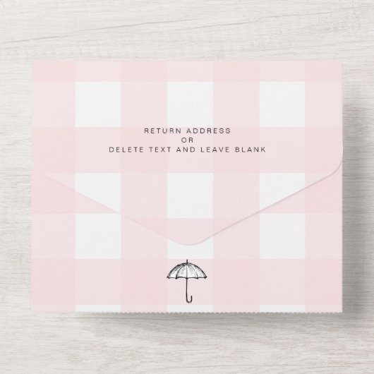 Pink Gingham Umbrella Baby shower All In One Uitnodiging (Achterkant)