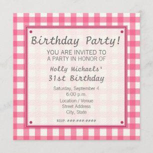Pink Gingham verjaardagsfeestje uitnodiging