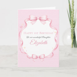 Pink Gingham Watercolor Bow Girl Birthday Card Kaart