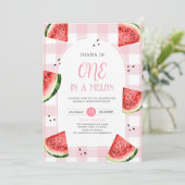 Pink Gingham Watermelon First Birthday Invitation Kaart (Staand voorkant)