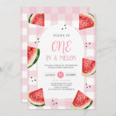 Pink Gingham Watermelon First Birthday Invitation Kaart (Voorkant / Achterkant)