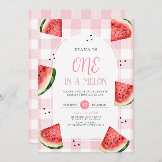Pink Gingham Watermelon First Birthday Invitation Kaart (Voorkant / Achterkant)