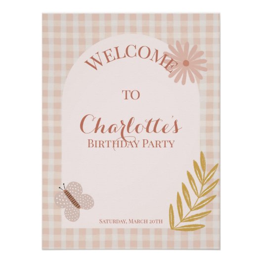 Pink Gingham Wildflower Verjaardag Welkom Teken Perfect Poster (Voorkant)