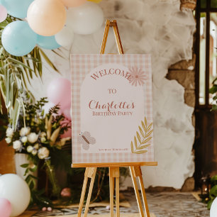 Pink Gingham Wildflower Verjaardag Welkom Teken Perfect Poster