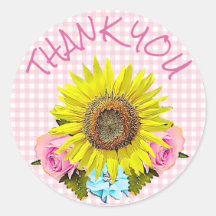 Pink Gingham Zonnebloem Dank u Stickers