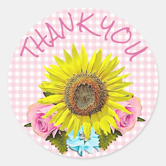 Pink Gingham Zonnebloem Dank u Stickers (Voorkant)