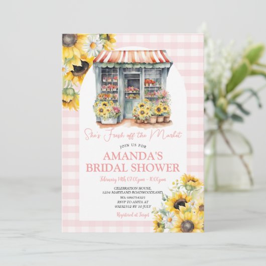 Pink Gingham Zonnebloemen Ze is van de markt Kaart (Staand voorkant)